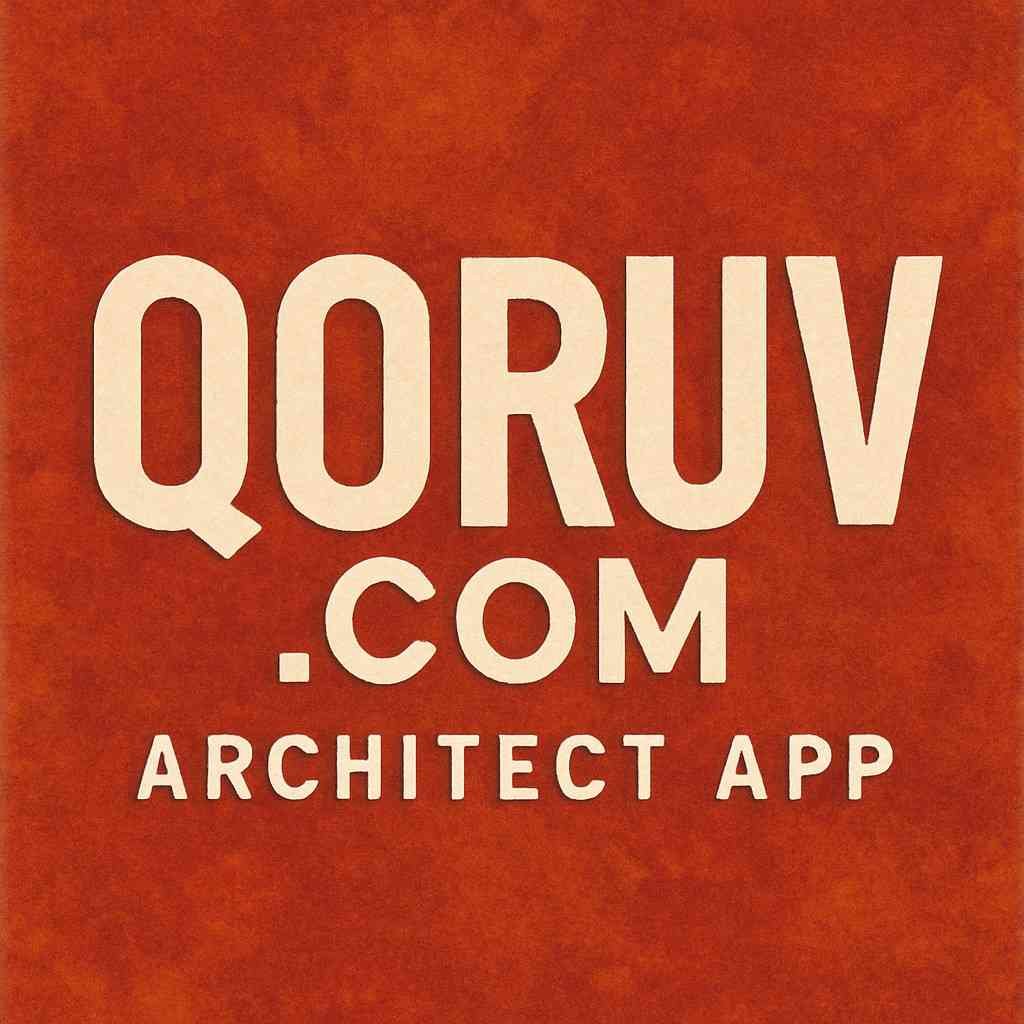 Text logo for QRUV.com with the words 'ARCHITECT APP' below in a bold font on an orange background.