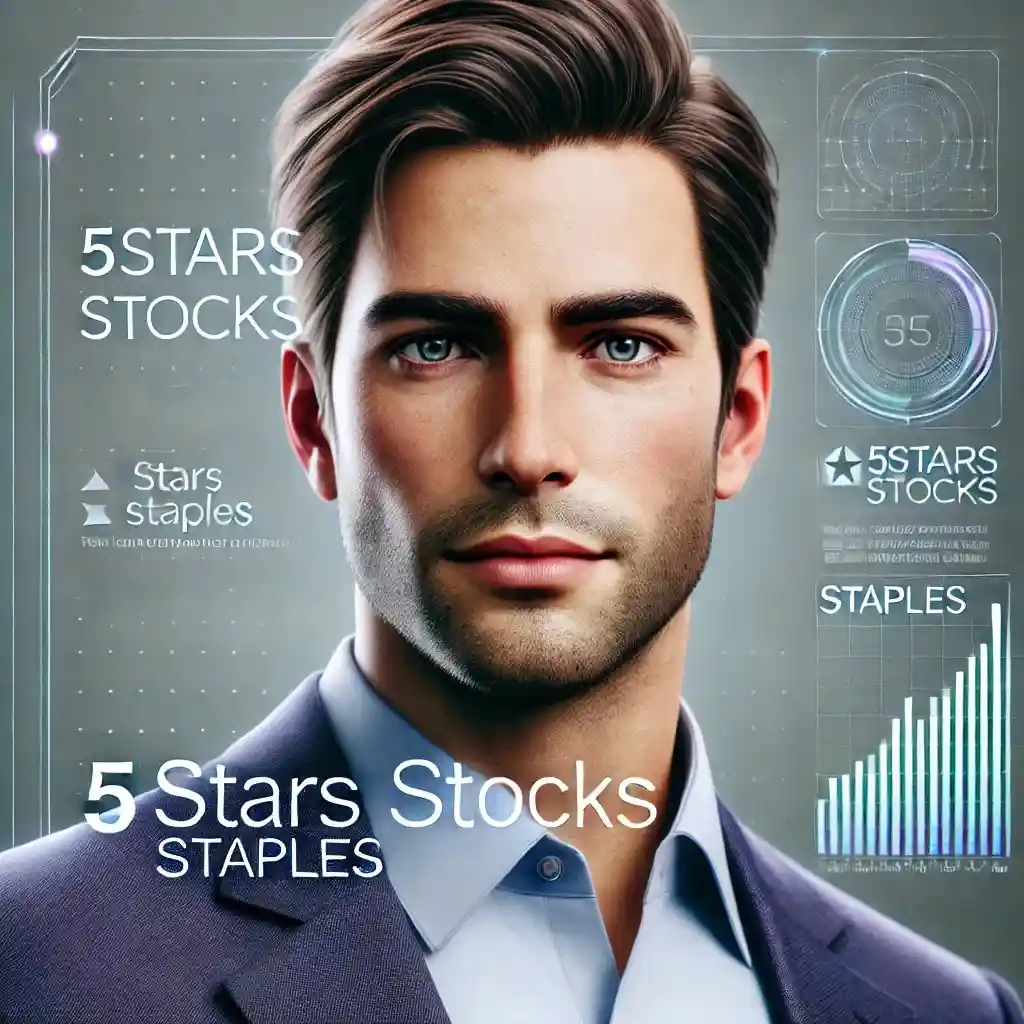 A confident young man in a suit with data graphics on the side about stocks and ratings.