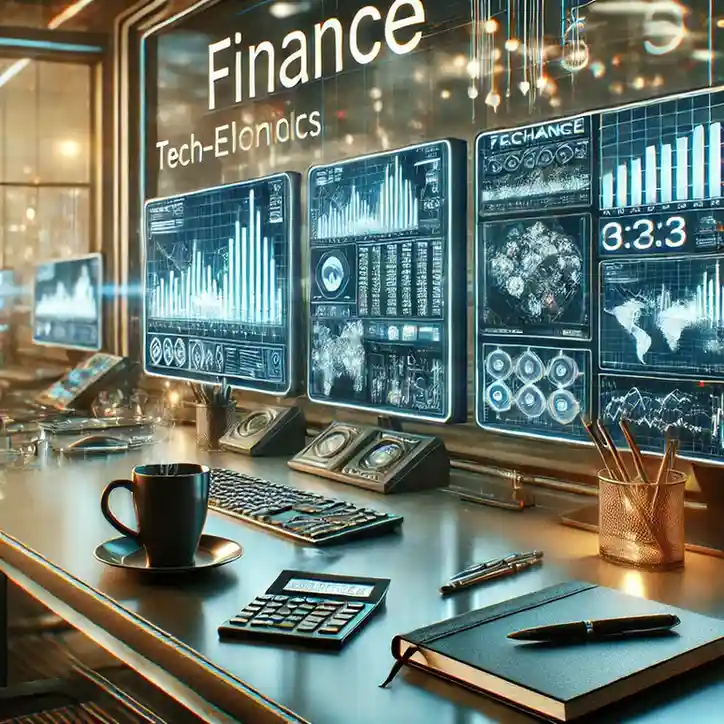 A modern finance workspace with multiple screens showing graphs and charts, a coffee cup, calculator, and stationery. 