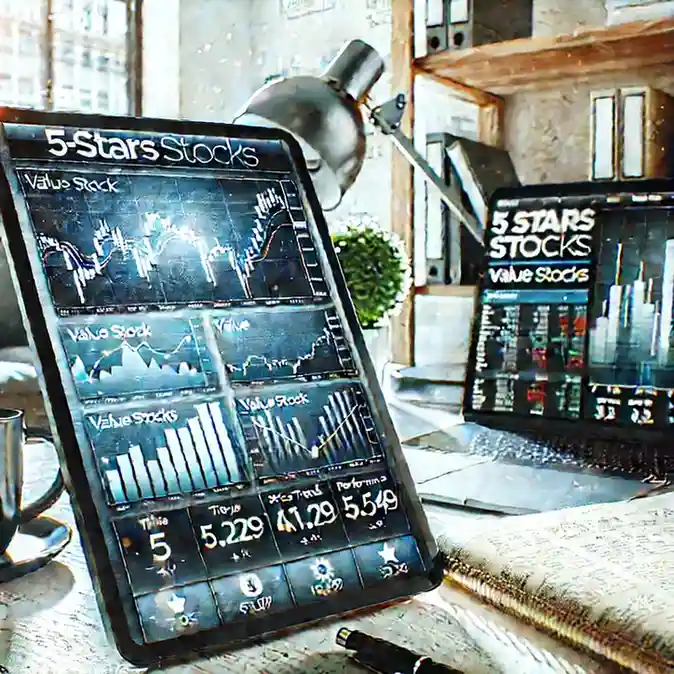 Two devices displaying stock market graphs and data, with charts and values visible.