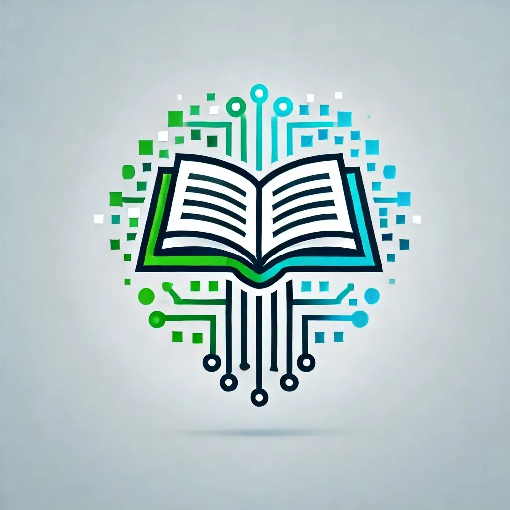 An open book with green and blue circuit lines and digital squares around it. 
