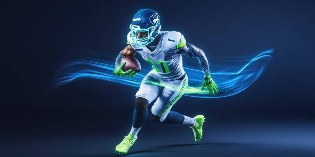 A football player in a white and blue uniform running with a football, green neon accents. Blue light trails behind. 
