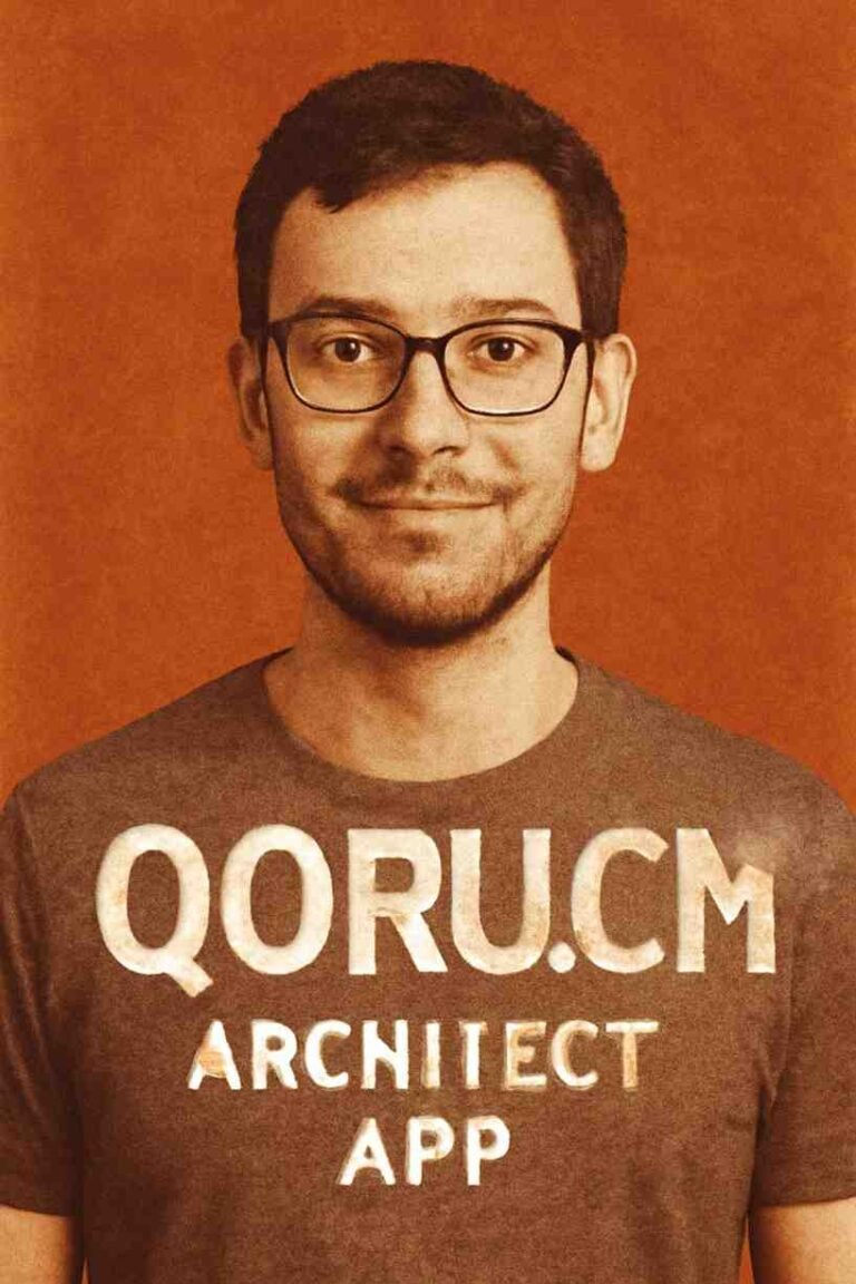 Man with glasses smiling, wearing a brown shirt with the words QORU.CM ARCHITECT APP.