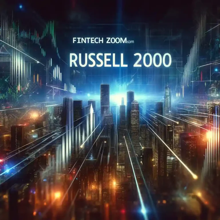 A digital city skyline with glowing lights and data graphs, labeled "Russell 2000".
