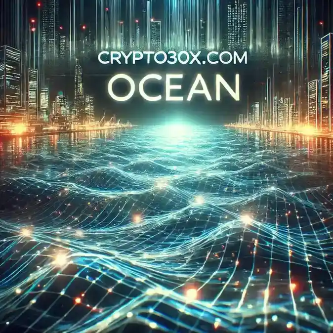 A digital artwork showing an ocean with glowing waves, a futuristic city in the background, and text saying 'CRYPTO30X.COM OCEAN'.