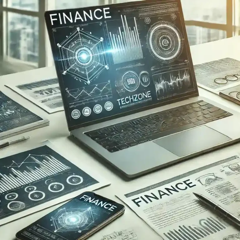 A laptop and phone displaying finance graphs on a desk with papers and a pen.
