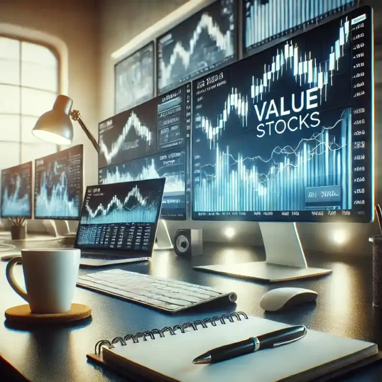 A desk with multiple screens showing stock market graphs, a coffee cup, keyboard, and notebook.