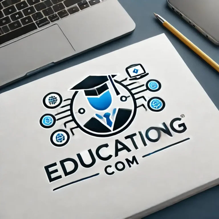 Logo of EDUCATIONG.com with a graduation cap and tech icons, on a desk with a laptop.