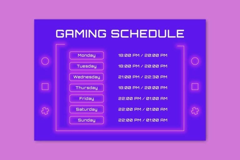 A gaming schedule with days of the week and times on a purple background.