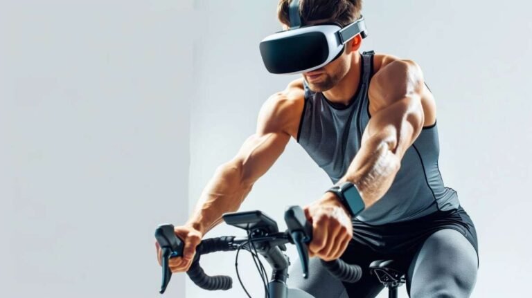 A muscular man wearing a VR headset is cycling on a stationary bike.